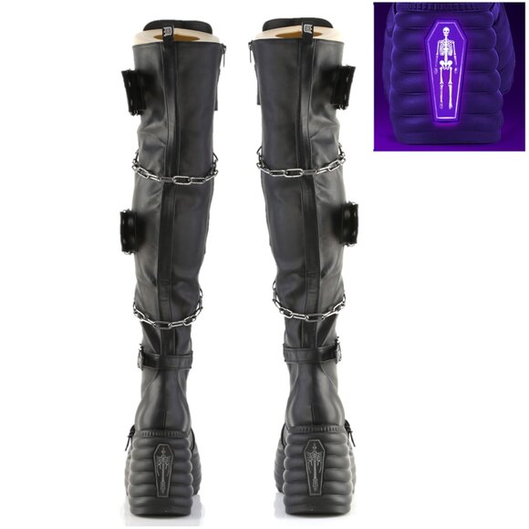Demonia Morty Thigh High Platform Goth Punk Rocker Boots Stretch Big Buckles - Picture 5 of 10